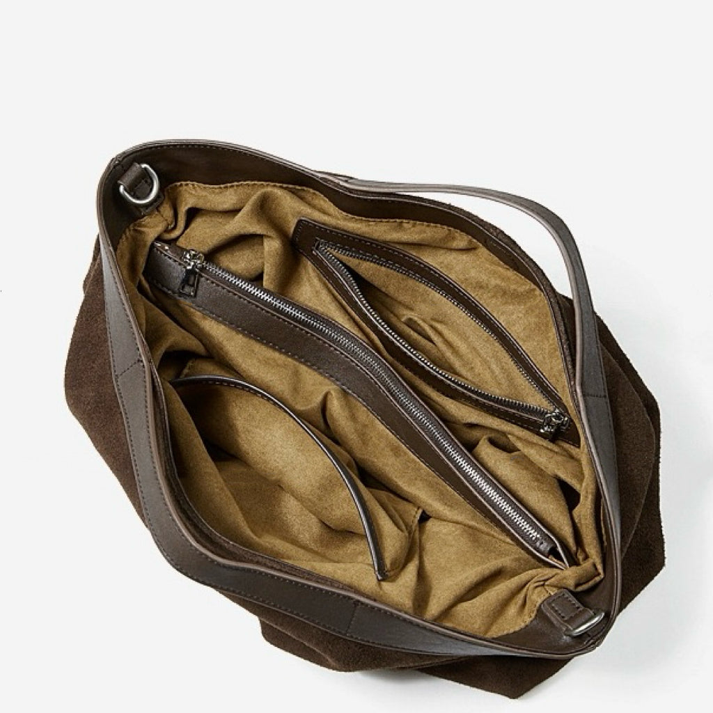 Chocolate Suede & Genuine Leather Structured Tote Bag