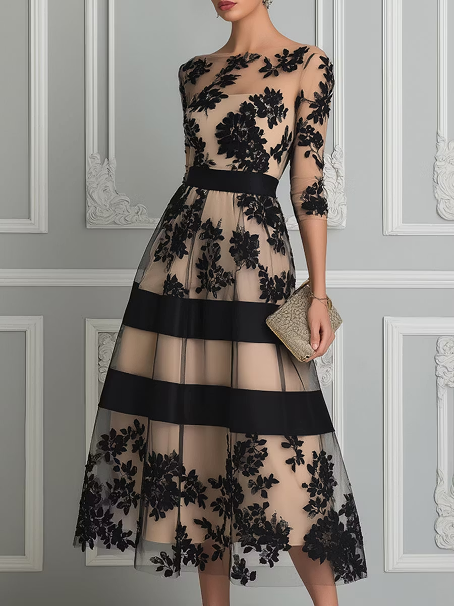 Nero | Elegant Black Floral Lace Midi Dress