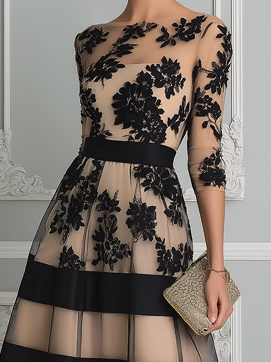 Nero | Elegant Black Floral Lace Midi Dress