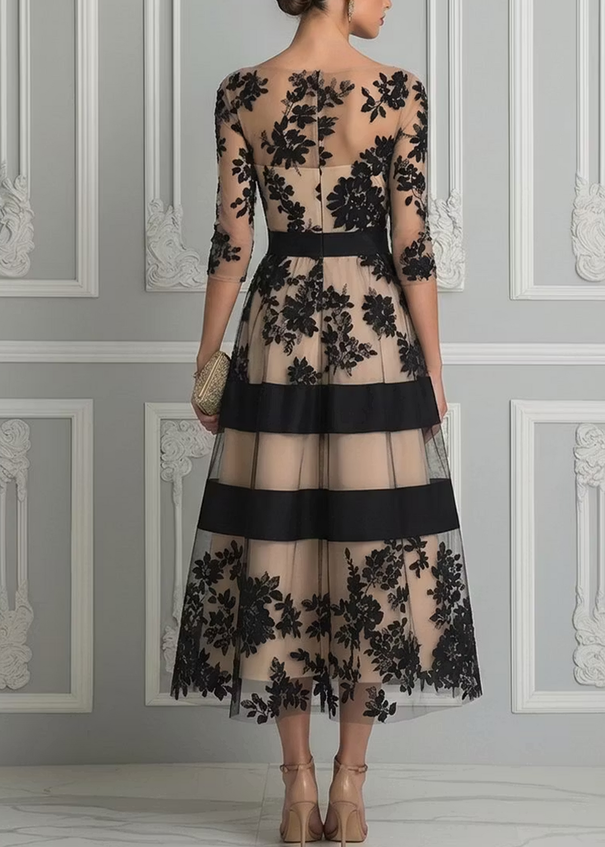 Nero | Elegant Black Floral Lace Midi Dress
